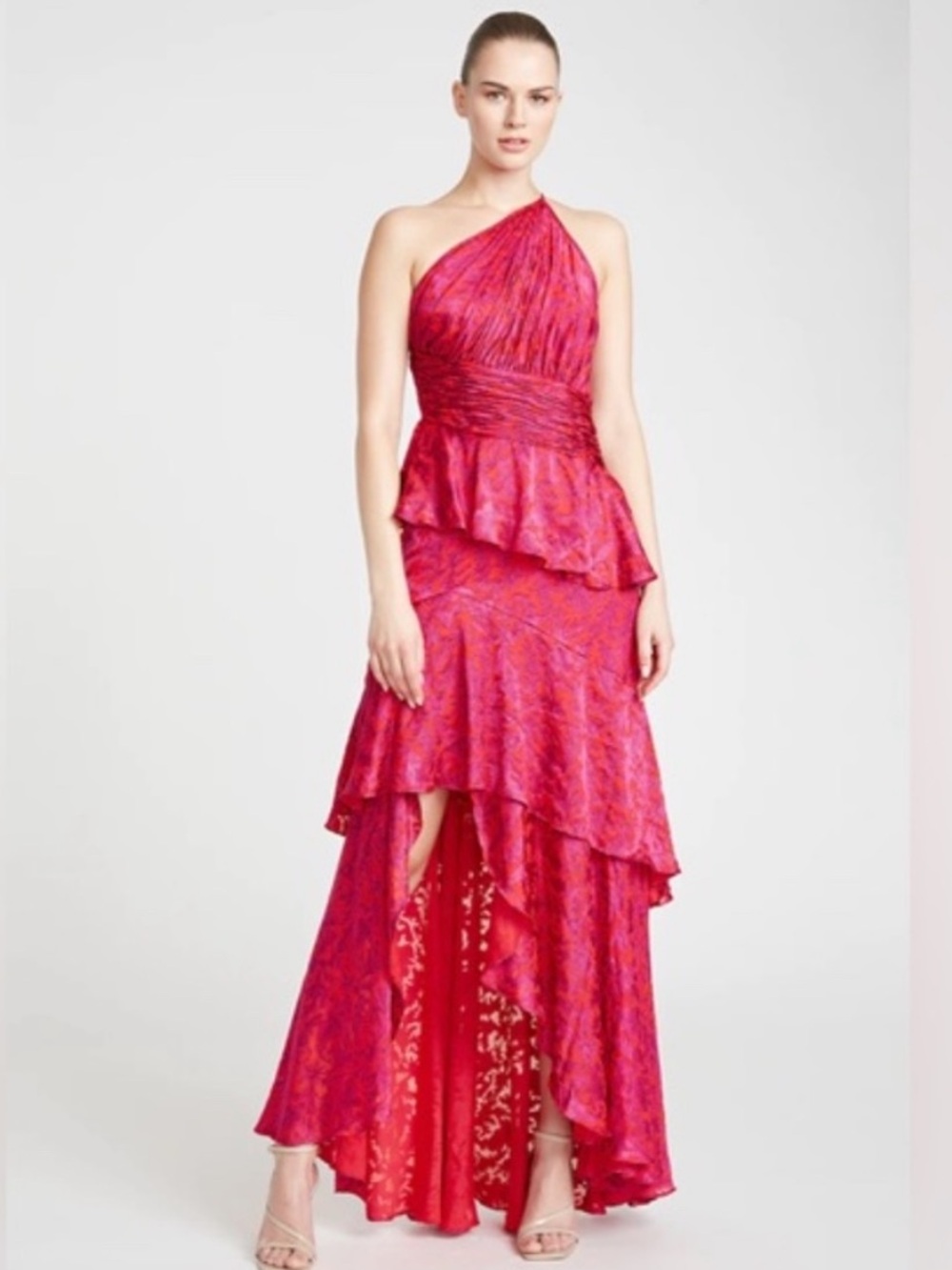 THEIA Medora One Shoulder Ruffle High-Low Gown Jacquard Dress Size 10